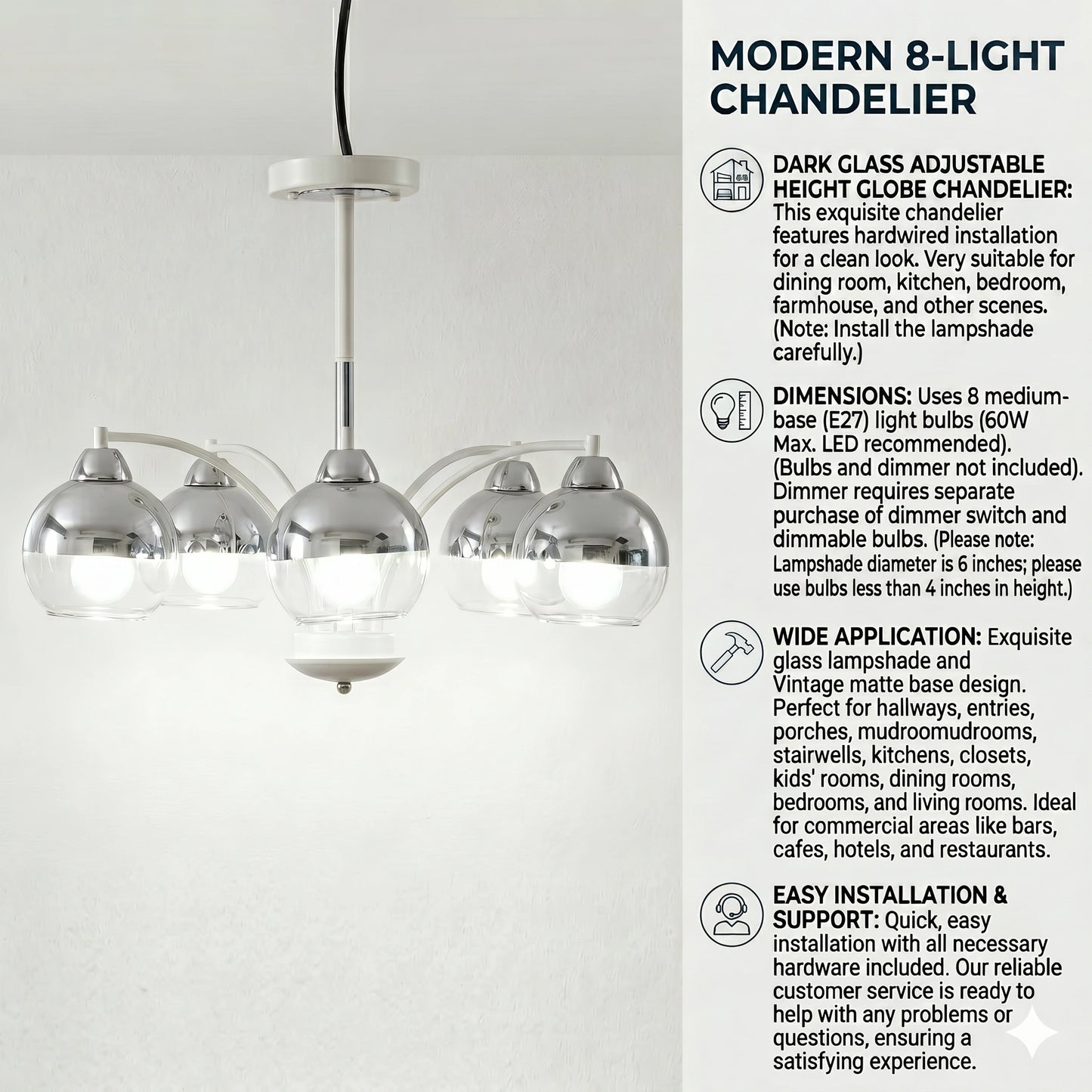 Elsewedy 8-Light Chrome Sputnik Chandelier - Glass Globe Mid-Century Pendant (1302/8)