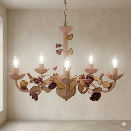 Elsewedy 5-Light White & Pink Ceramic Chandelier - Vintage French Country Pendant (130505)