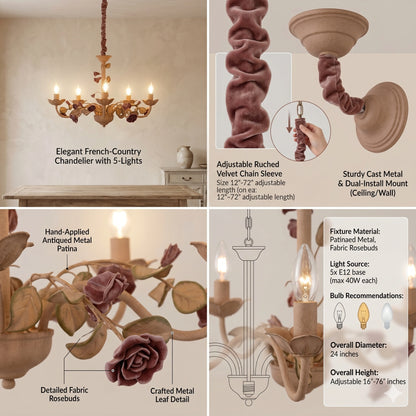 Elsewedy 5-Light White & Pink Ceramic Chandelier - Vintage French Country Pendant (130505)