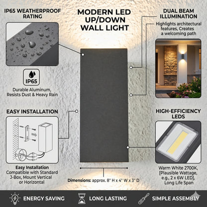 Egylux Anthracite Modern Up Down Outdoor Wall Light - IP54 Waterproof GU10 Rectangle Sconce (1862B1-EGX)