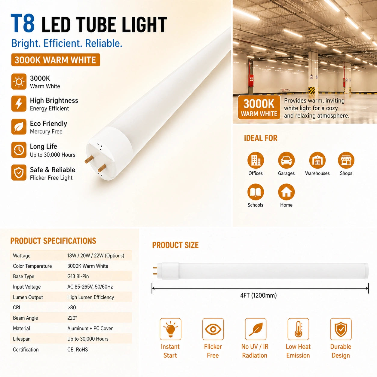 Elsewedy 4ft T8 LED Tube Light - 18W Plug & Play Type A Fluorescent Replacement (T8/T12 Compatible, 3000K)