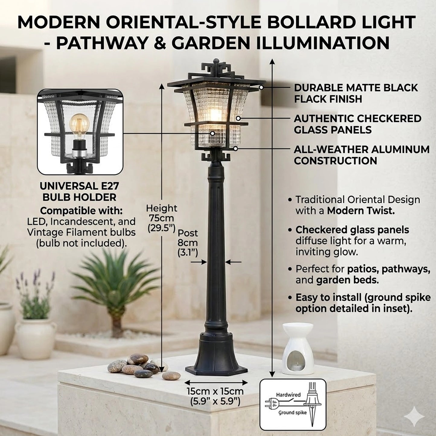 Elsewedy 1.1m Traditional Garden Bollard - IP44 Waterproof Aluminum & Glass Outdoor Post Light (W24 x H110 cm)