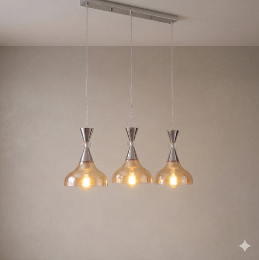Elsewedy 3-Light Amber Glass Pendant - Industrial Iron Kitchen Island Hanging Lamp (2058/3)