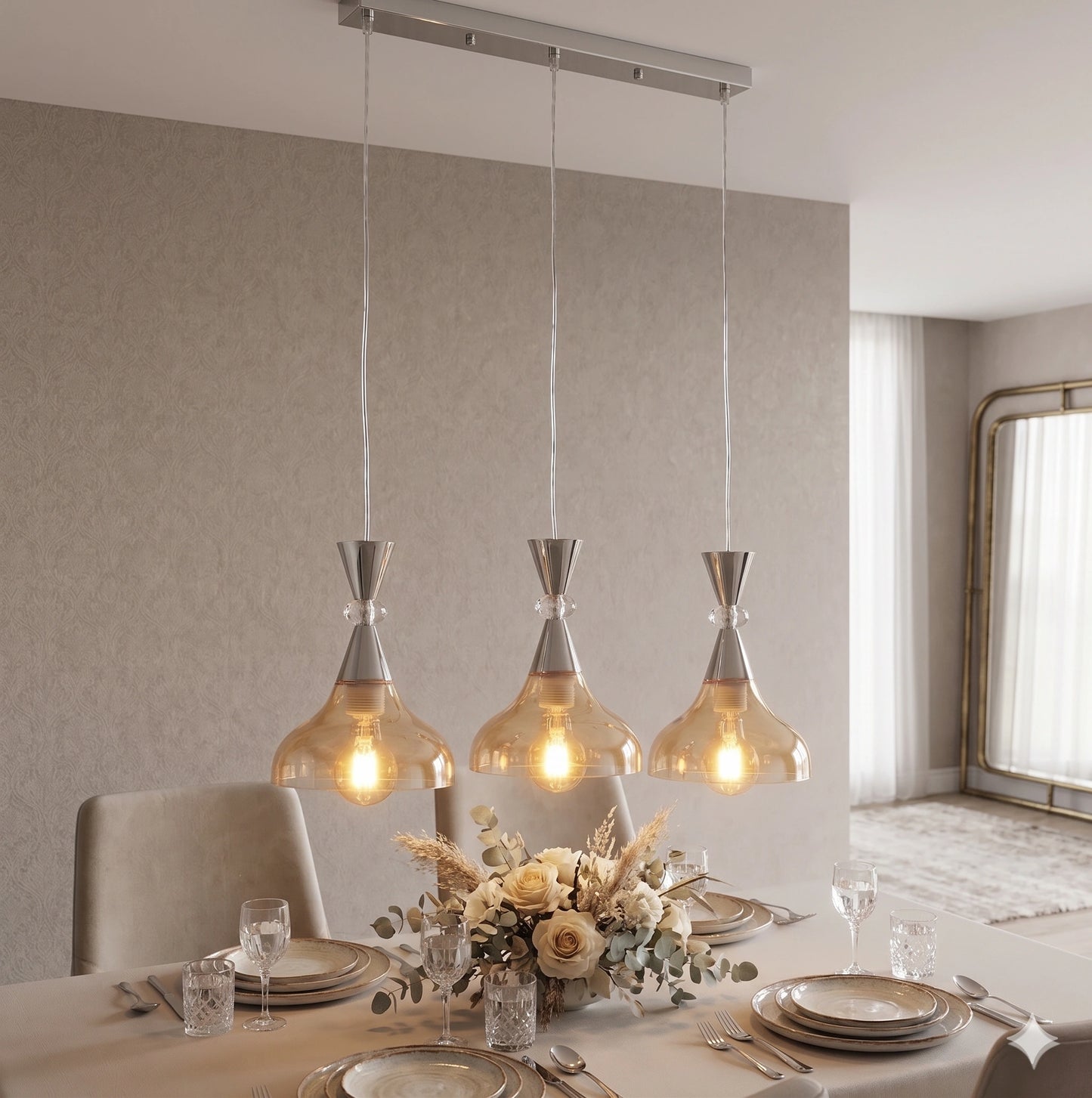 Elsewedy 3-Light Amber Glass Pendant - Industrial Iron Kitchen Island Hanging Lamp (2058/3)