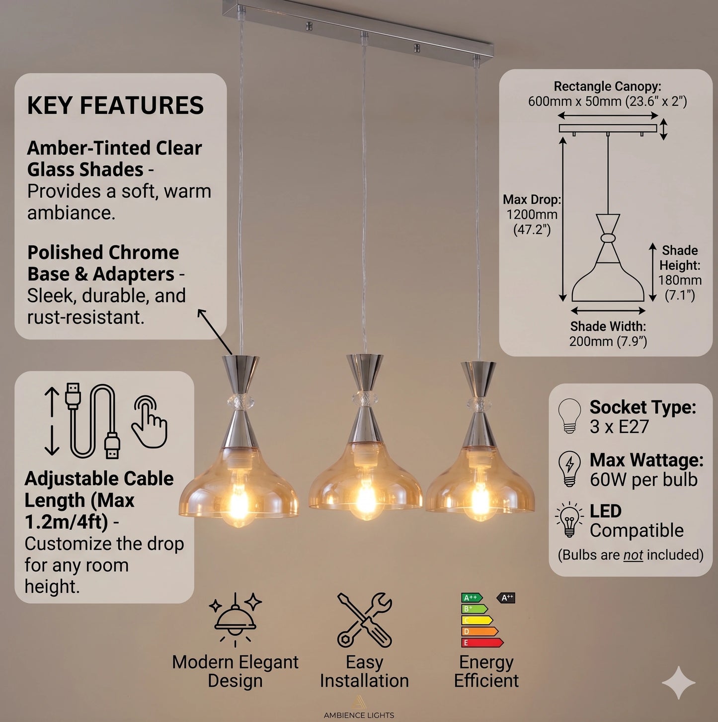 Elsewedy 3-Light Amber Glass Pendant - Industrial Iron Kitchen Island Hanging Lamp (2058/3)