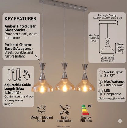 Elsewedy 3-Light Amber Glass Pendant - Industrial Iron Kitchen Island Hanging Lamp (2058/3)