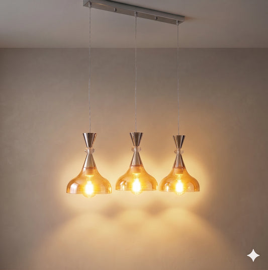 Elsewedy 3-Light Amber Glass Pendant - Industrial Iron Kitchen Island Hanging Lamp (2058/3)