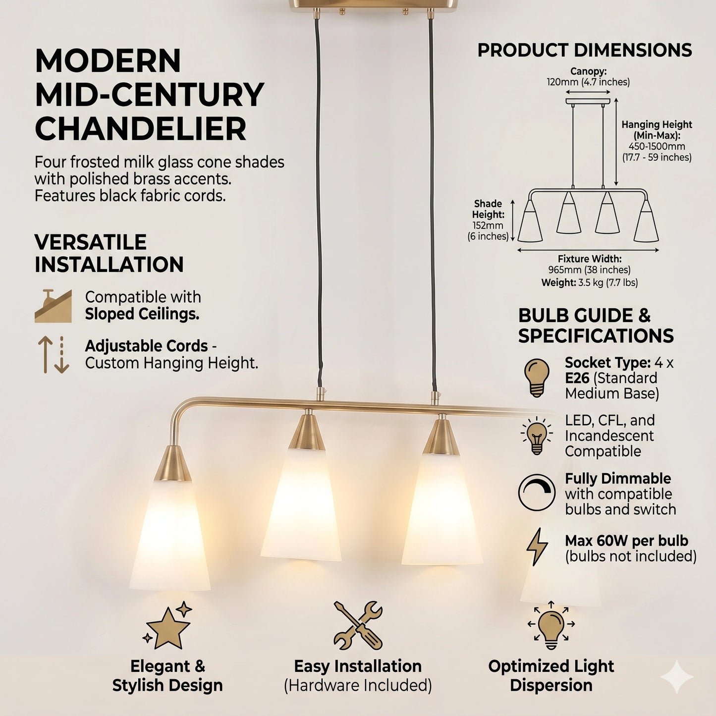 Elsewedy 4-Light White & Gold Pendant - Industrial Iron & Glass Chandelier for Restaurants (2066/4)