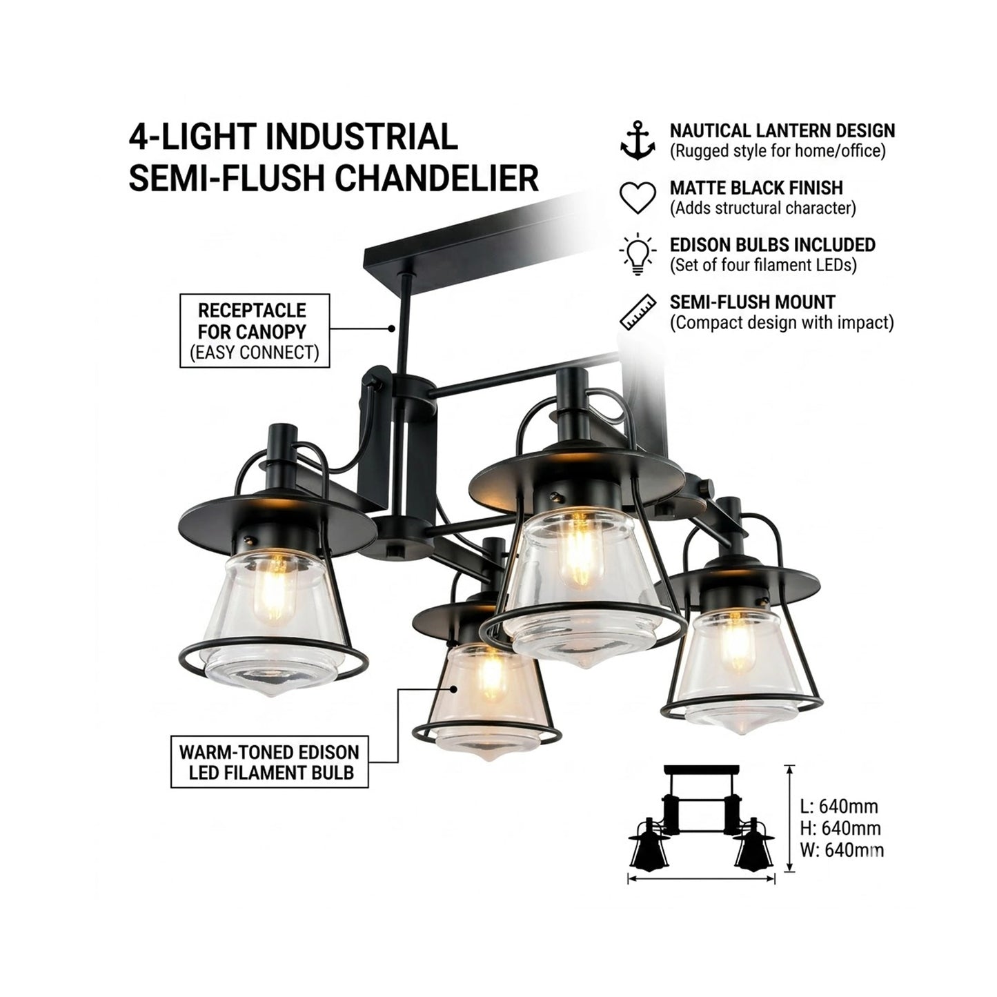 Elsewedy 4-Light Crystal Ceiling Fixture - Modern Semi Flush Mount (E27) 2075-4H