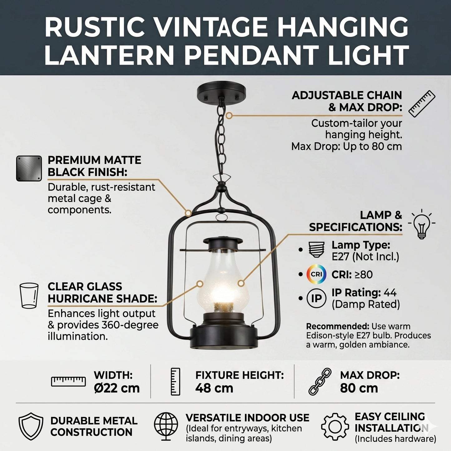 Elsewedy Black Outdoor Hanging Lantern - Bubble Glass E27 Waterproof Pendant (2083-1H)