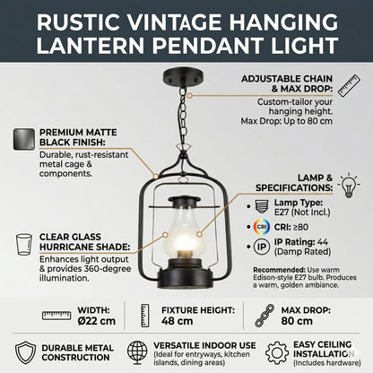 Elsewedy Black Outdoor Hanging Lantern - Bubble Glass E27 Waterproof Pendant (2083-1H)