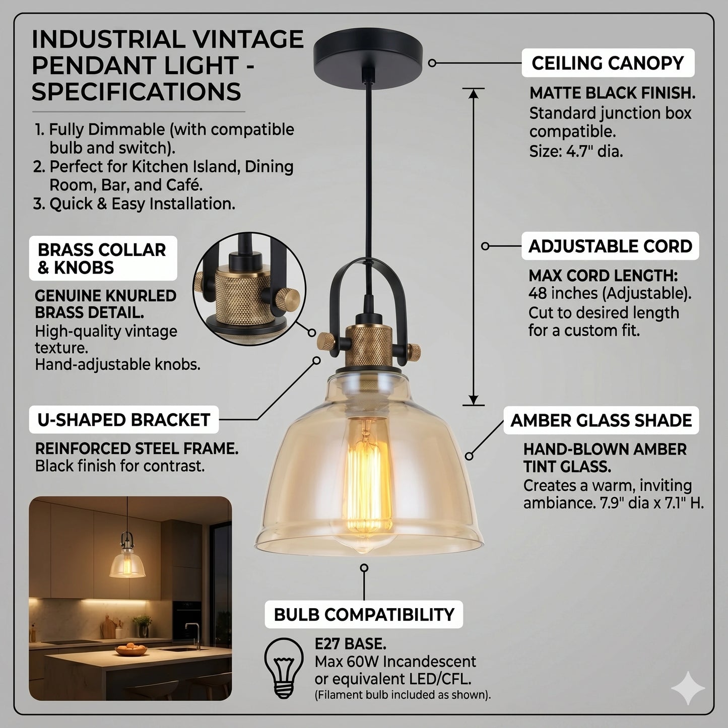 Elsewedy Nordic Amber Glass LED Pendant - Modern 3000K Adjustable Hanging Light (2109/1)