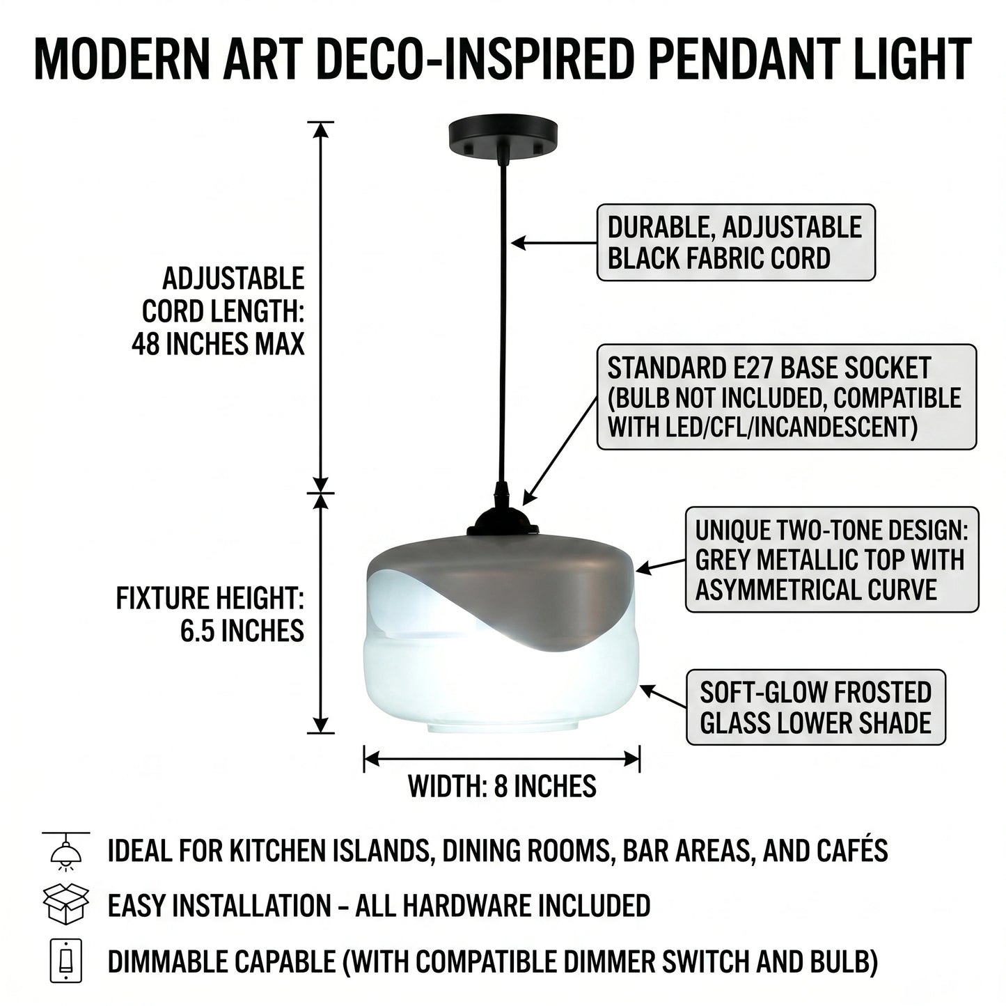 Elsewedy Modern Clear Glass Pendant Light - Industrial Farmhouse Hanging Lamp for Kitchen Island (2111/1)