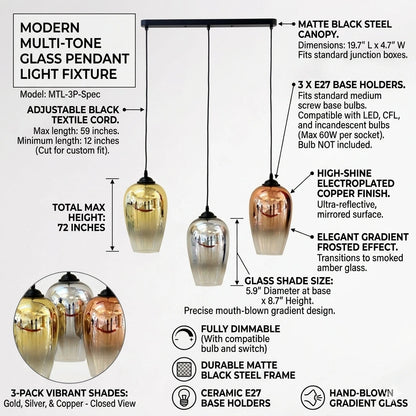 Elsewedy 3-Light Chrome Globe Pendant - Modern Linear Glass Chandelier for Kitchen Island (2113/3)