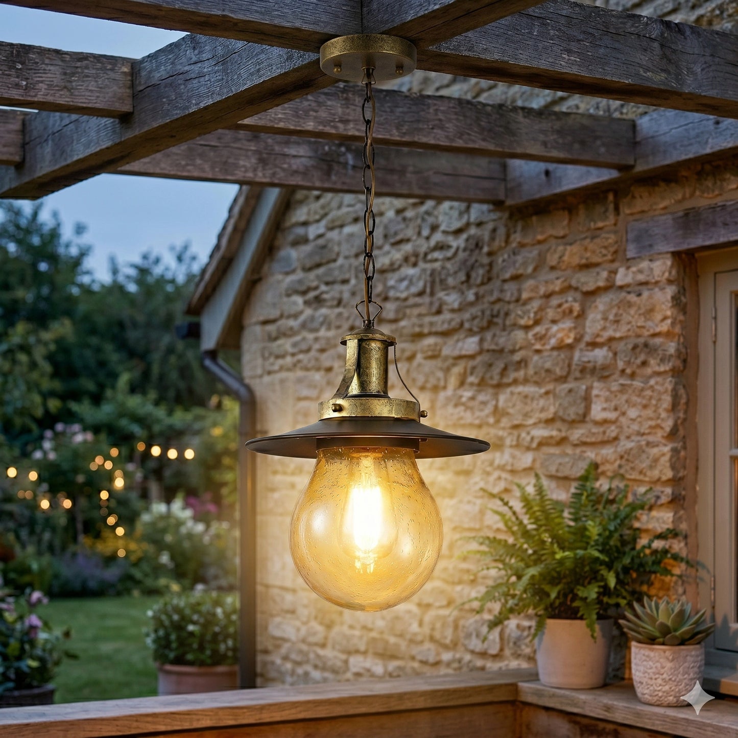 Elsewedy Gold Outdoor Hanging Lantern - Bubble Glass E27 Waterproof Pendant (2165-1H)