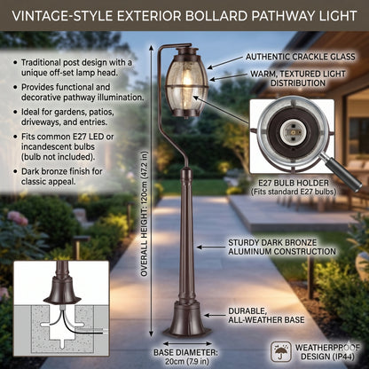 Elsewedy 2229-1FT Retro Garden Bollard - IP44 Waterproof Aluminum & Glass Outdoor Pathway Pillar Light (E27)