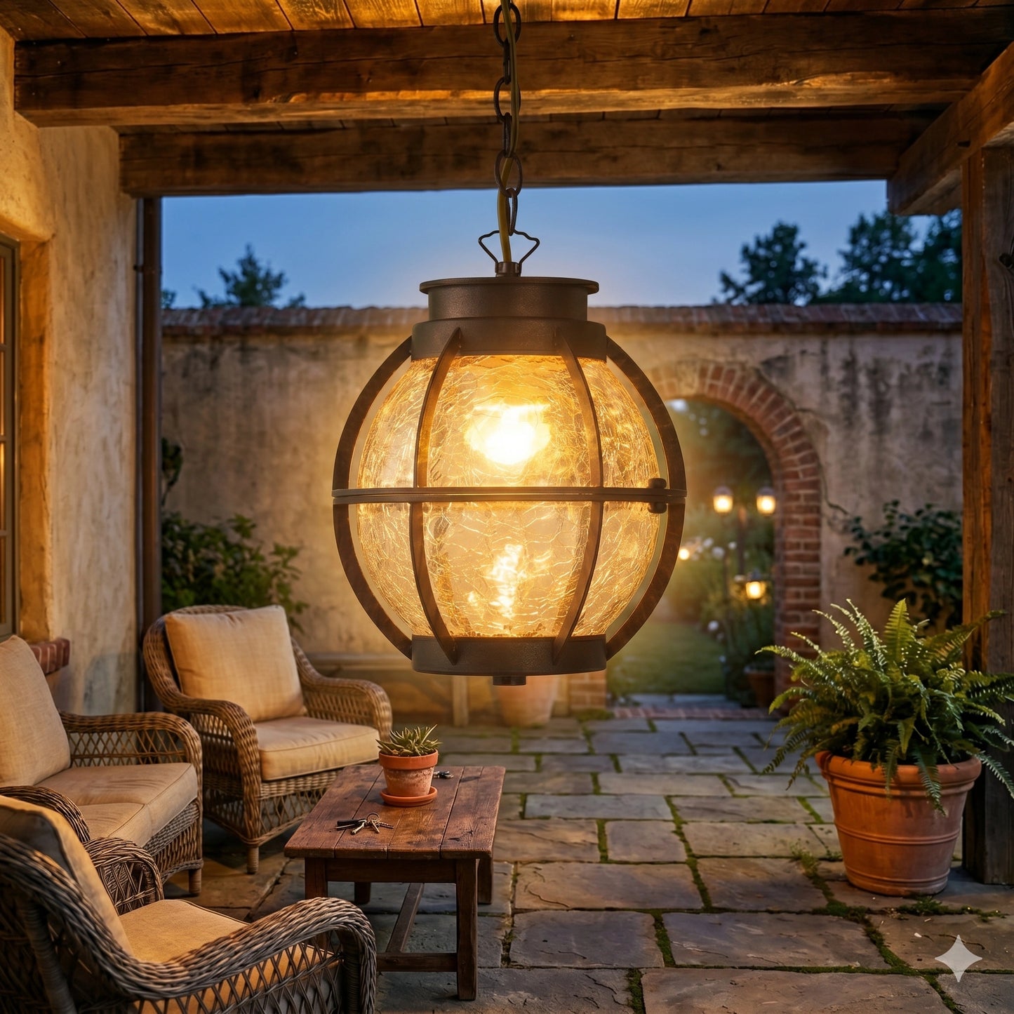 Elsewedy Rustic Bronze Outdoor Hanging Lantern - Crack Glass E27 Waterproof Pendant (2229-1H)