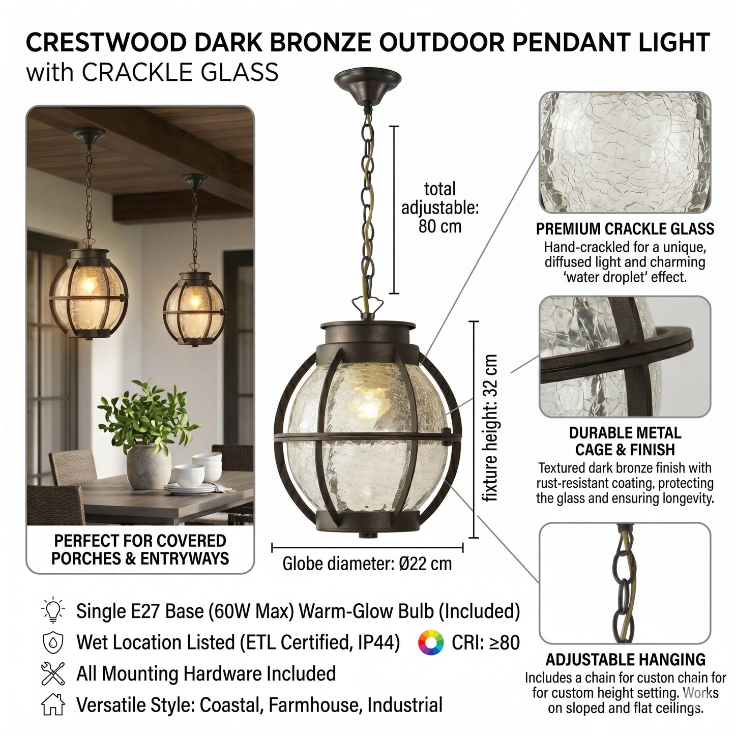 Elsewedy Rustic Bronze Outdoor Hanging Lantern - Crack Glass E27 Waterproof Pendant (2229-1H)