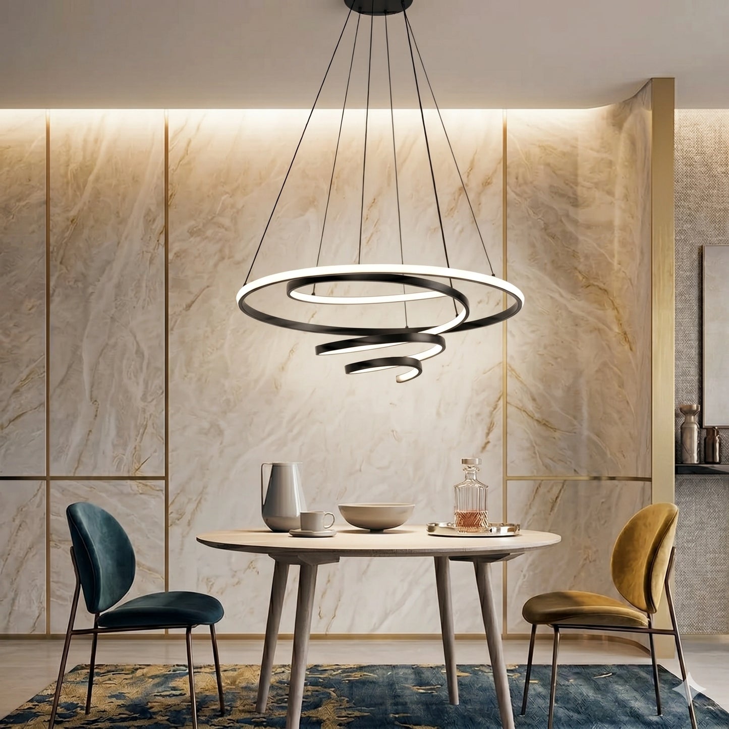 Elsewedy Modern Black LED Chandelier - Dimmable Pendant Light with Remote for High Ceilings (23004-D01A)