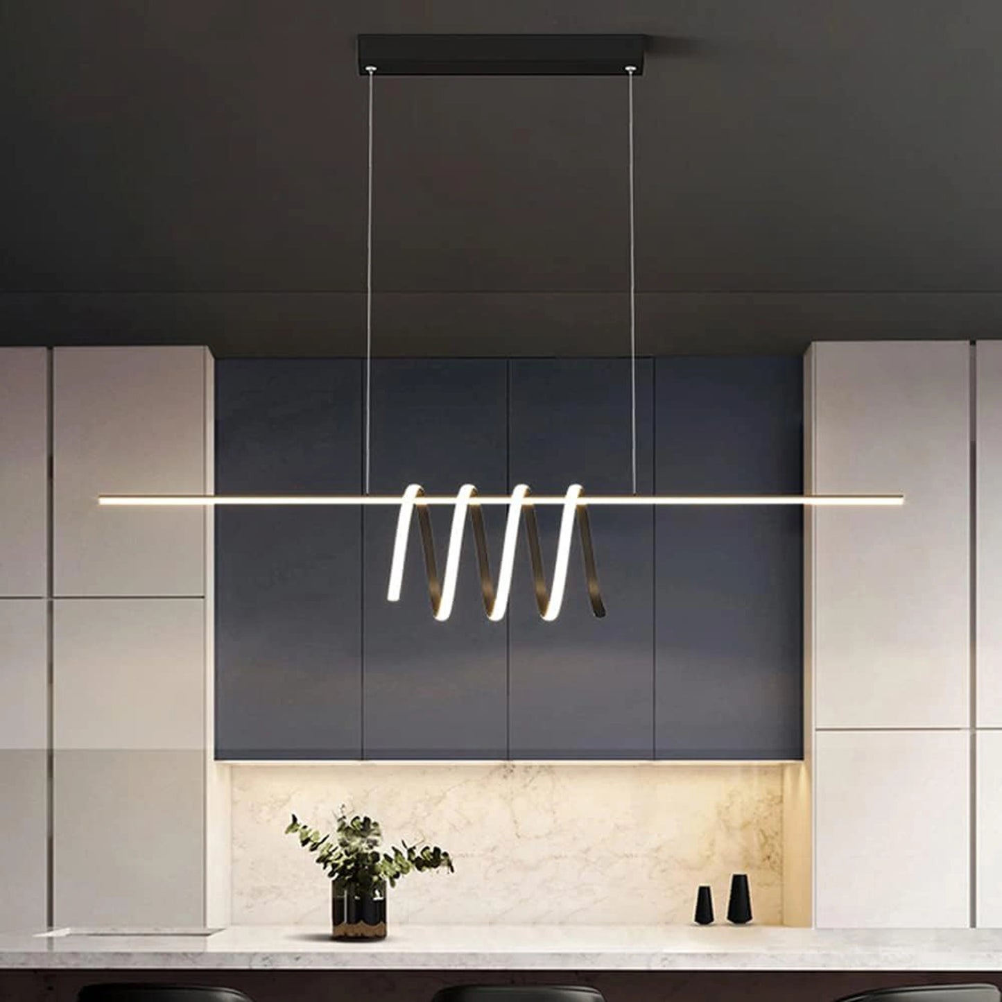 Elsewedy Nordic Linear LED Pendant Light - Black Metal Strip Tricolor Dimmable Chandelier (24023-BL)