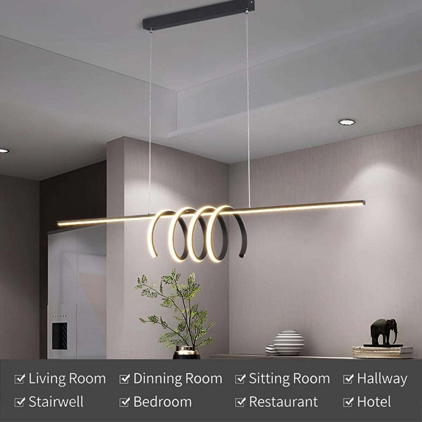Elsewedy Nordic Linear LED Pendant Light - Black Metal Strip Tricolor Dimmable Chandelier (24023-BL)