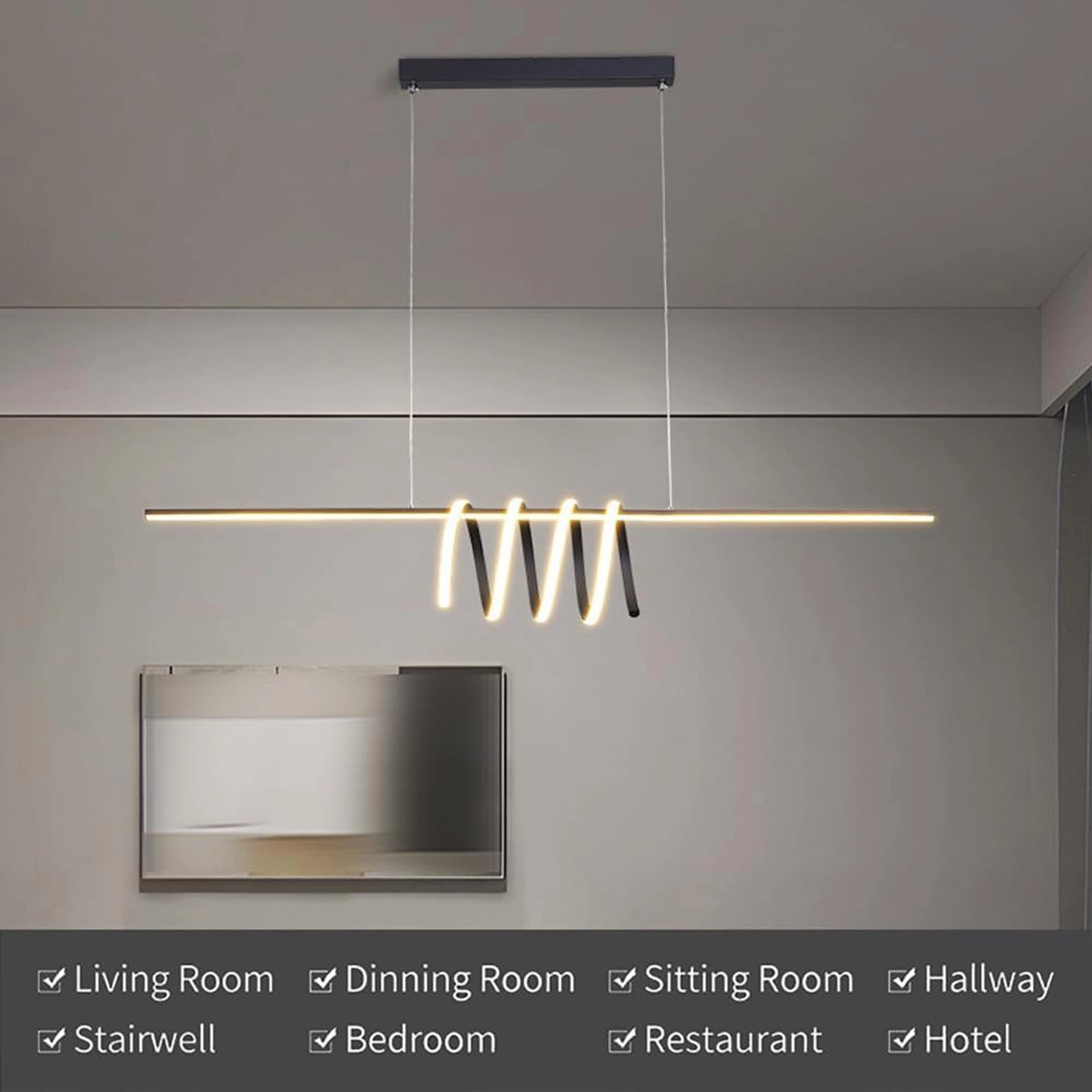 Elsewedy Nordic Linear LED Pendant Light - Black Metal Strip Tricolor Dimmable Chandelier (24023-BL)