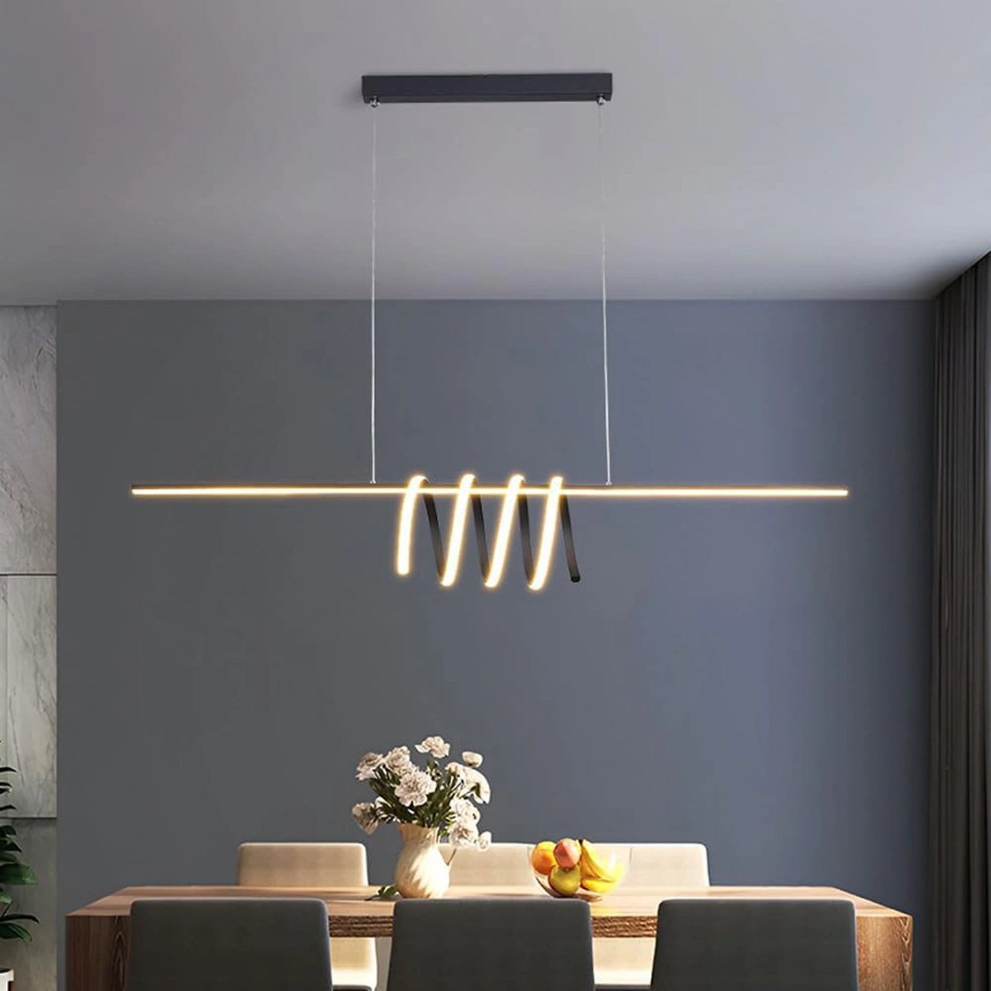 Elsewedy Nordic Linear LED Pendant Light - Black Metal Strip Tricolor Dimmable Chandelier (24023-BL)