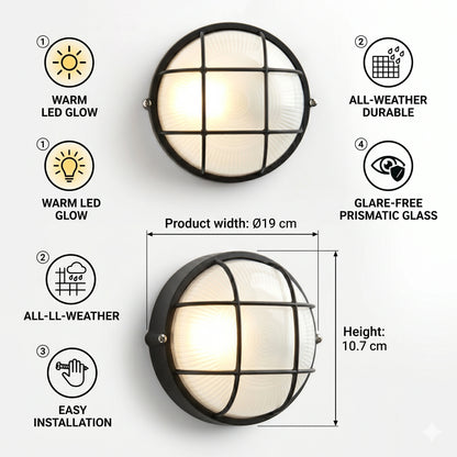 Egylux Round Aluminum Nautical Bulkhead Light - IP54 Waterproof E27 Retro Industrial Wall Sconce (3011SB-EGX)