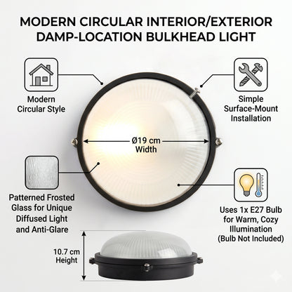 Egylux 19cm Round Aluminum Bulkhead Light - IP54 Waterproof White E27 Wall & Ceiling Outdoor Lamp (3012SB-EGX)