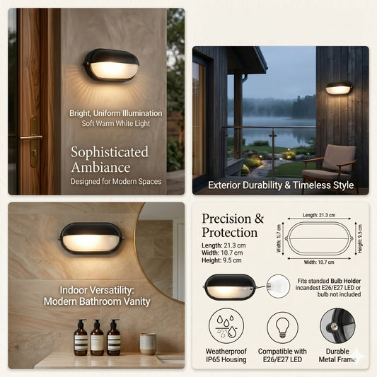 Egylux Black Oval Eyelid Bulkhead Light - IP54 Weatherproof E27 Wall Outdoor Lamp (3023B-EGX)