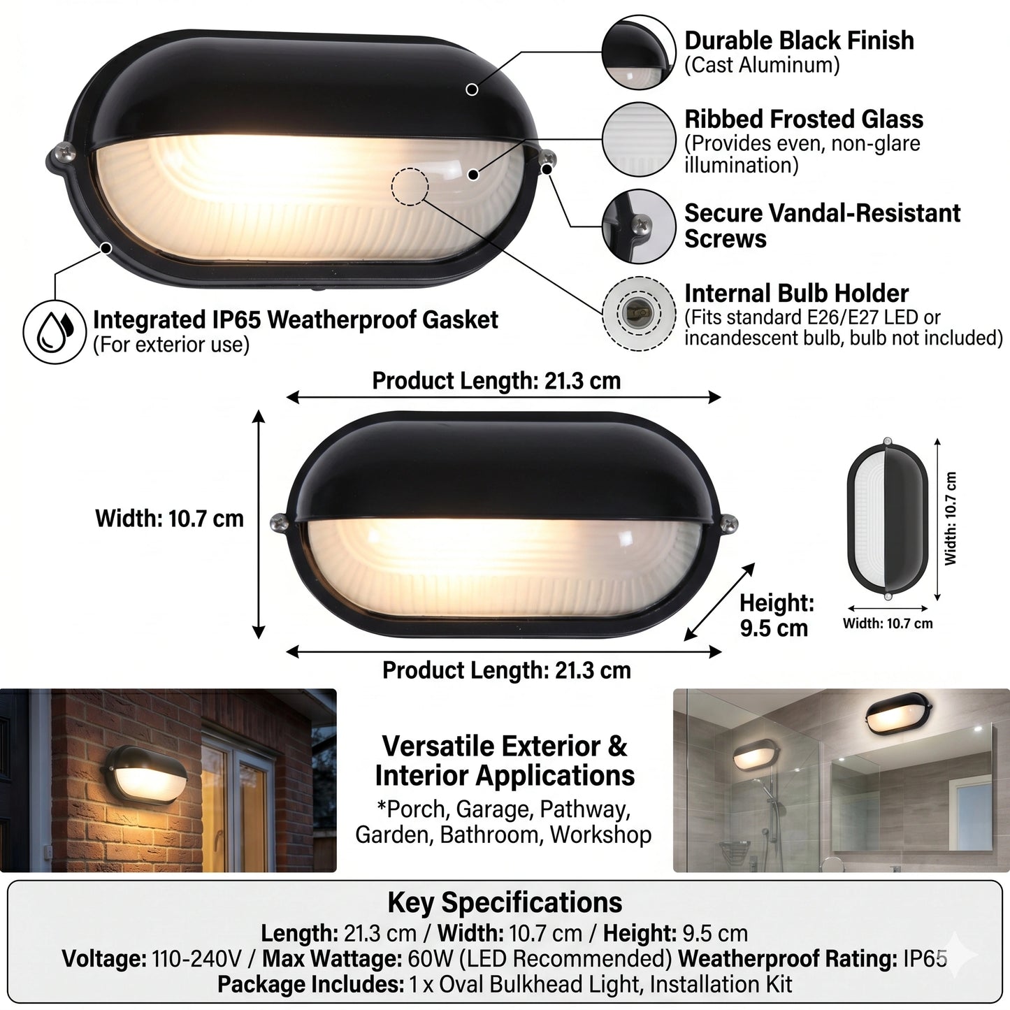 Egylux Black Oval Eyelid Bulkhead Light - IP54 Weatherproof E27 Wall Outdoor Lamp (3023B-EGX)