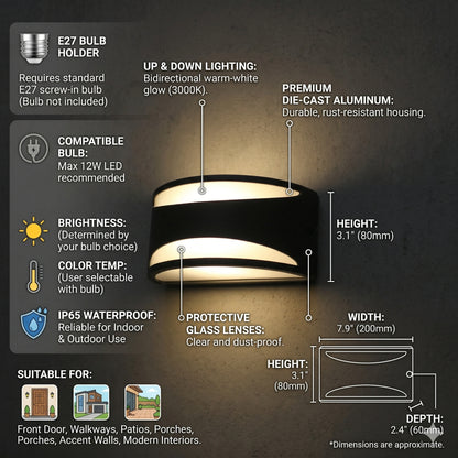 Egylux Half Moon Outdoor Wall Lamp - IP54 Waterproof Black Metal E27 Exterior Security Light (3301B-EGX)