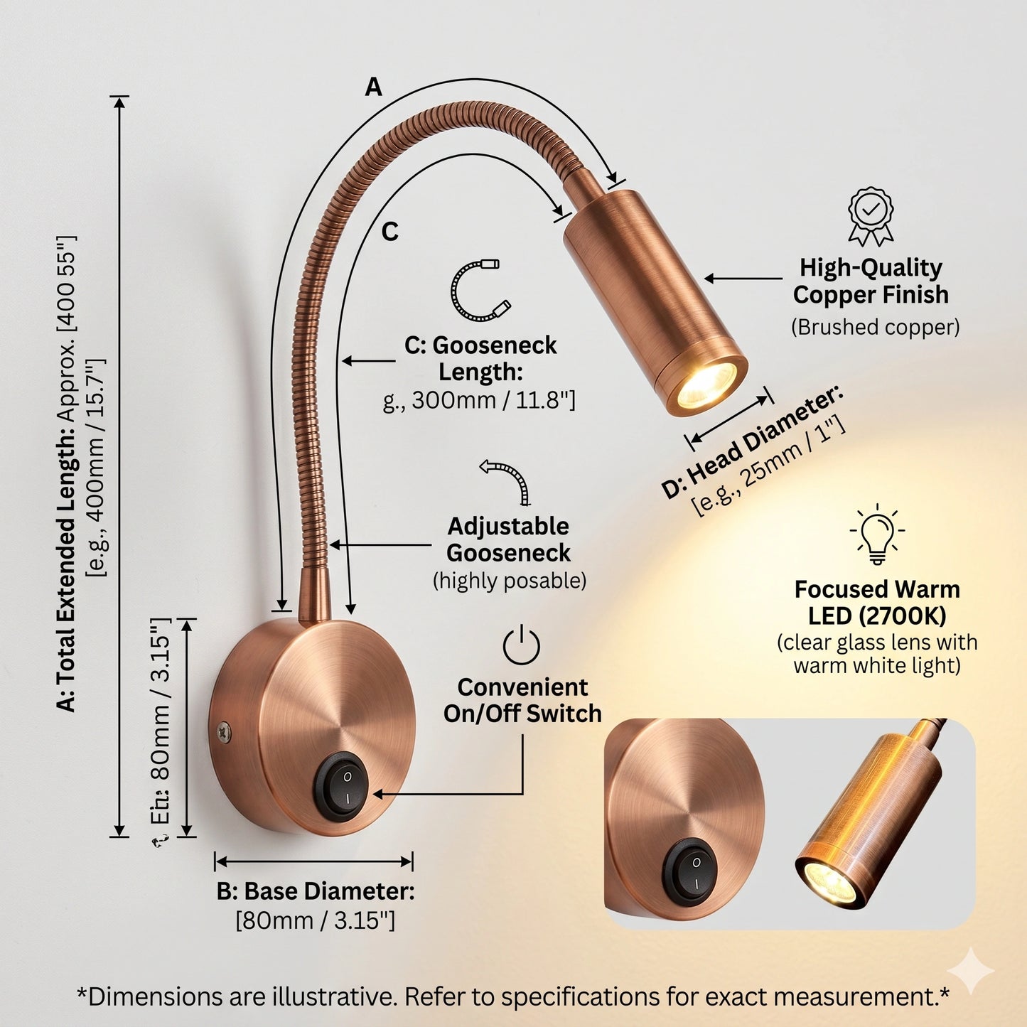 Elsewedy 3W Red Bronze LED Reading Light - 3000K Warm White Flexible Gooseneck Wall Lamp with Switch (40-01C)