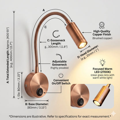 Elsewedy 3W Red Bronze LED Reading Light - 3000K Warm White Flexible Gooseneck Wall Lamp with Switch (40-01C)
