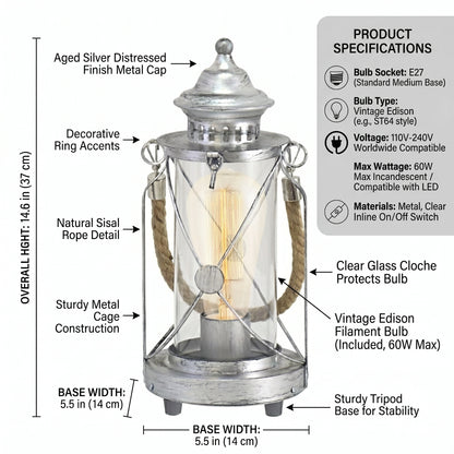 Eglo Bradford Industrial Silver Lantern Table Lamp - 14cm Glass Bedside Light with 6W LED (49284)