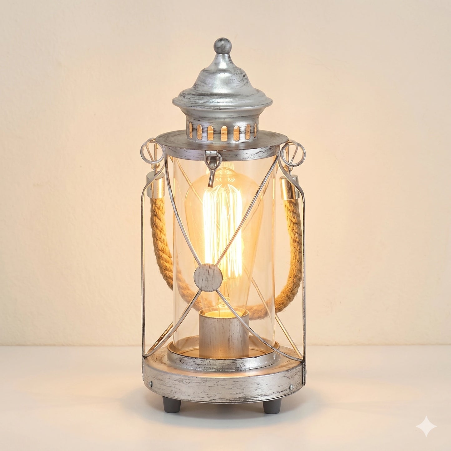 Eglo Bradford Industrial Silver Lantern Table Lamp - 14cm Glass Bedside Light with 6W LED (49284)