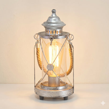 Eglo Bradford Industrial Silver Lantern Table Lamp - 14cm Glass Bedside Light with 6W LED (49284)