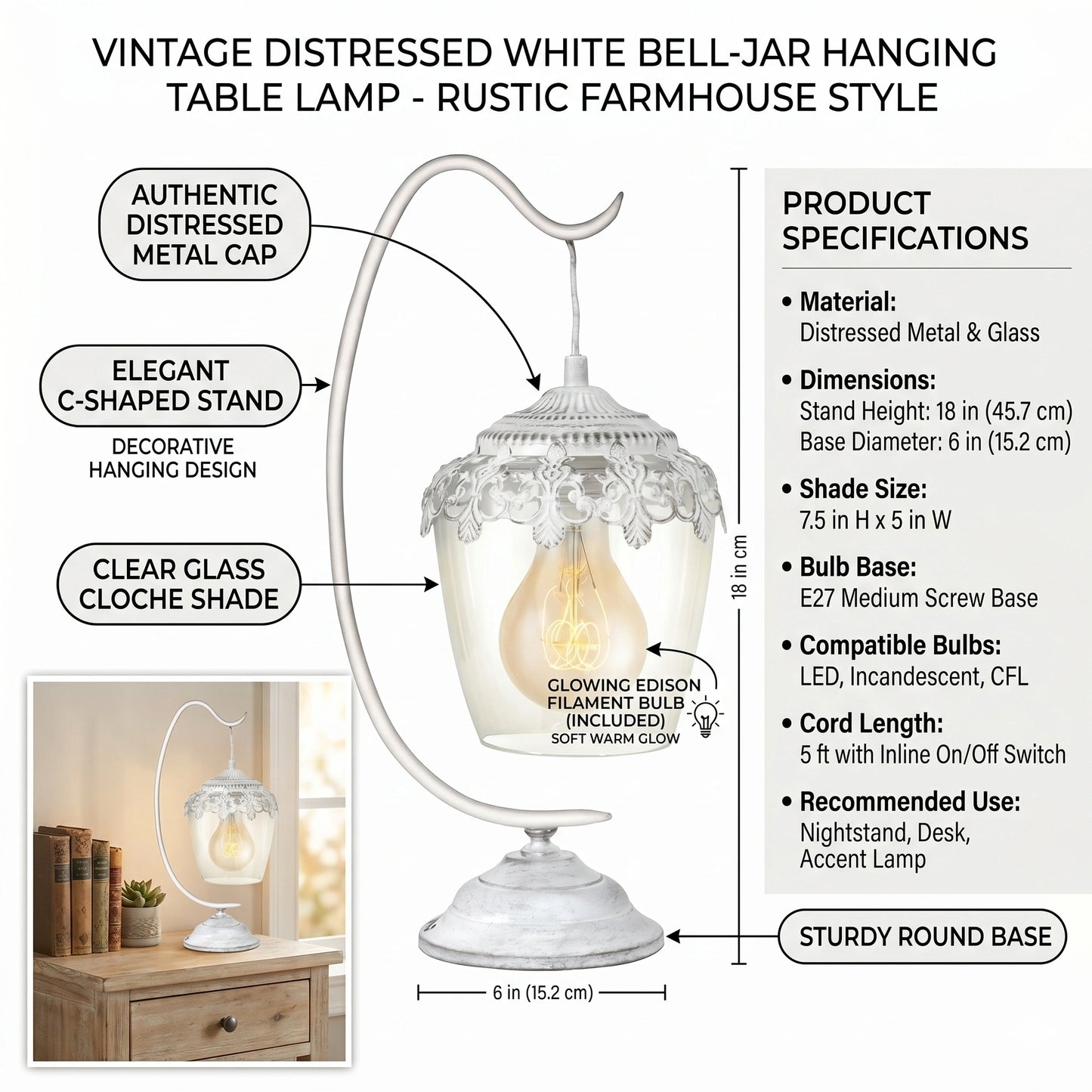 Eglo Sudbury Industrial Silver Table Lamp - 17cm Glass Shade Bedside Light with 6W LED Bulb (49293)