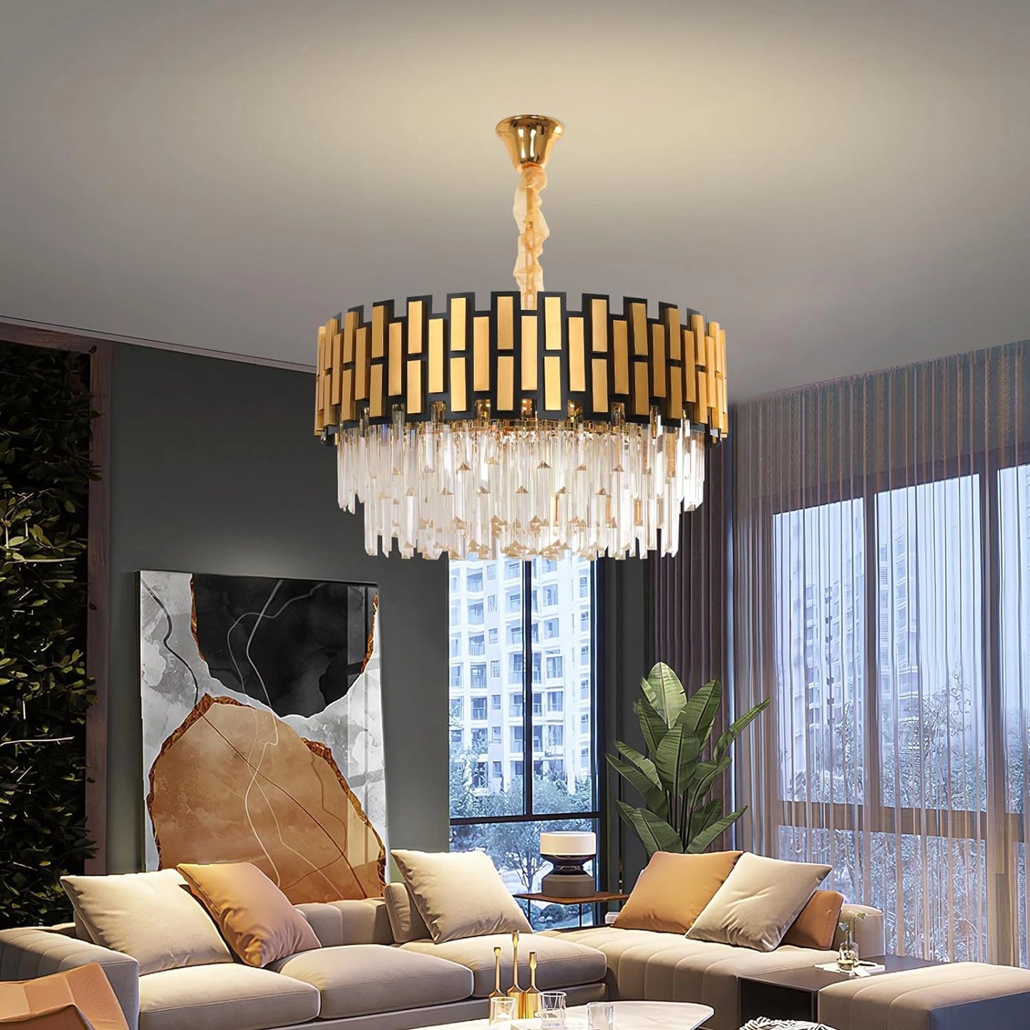 Modern Round Gold Crystal Chandelier - 60cm Contemporary Luxury Pendant Light (60x39cm)