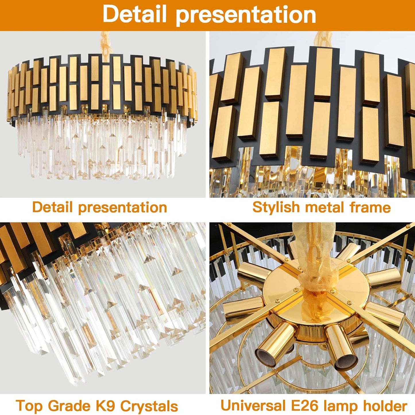 Modern Round Gold Crystal Chandelier - 60cm Contemporary Luxury Pendant Light (60x39cm)