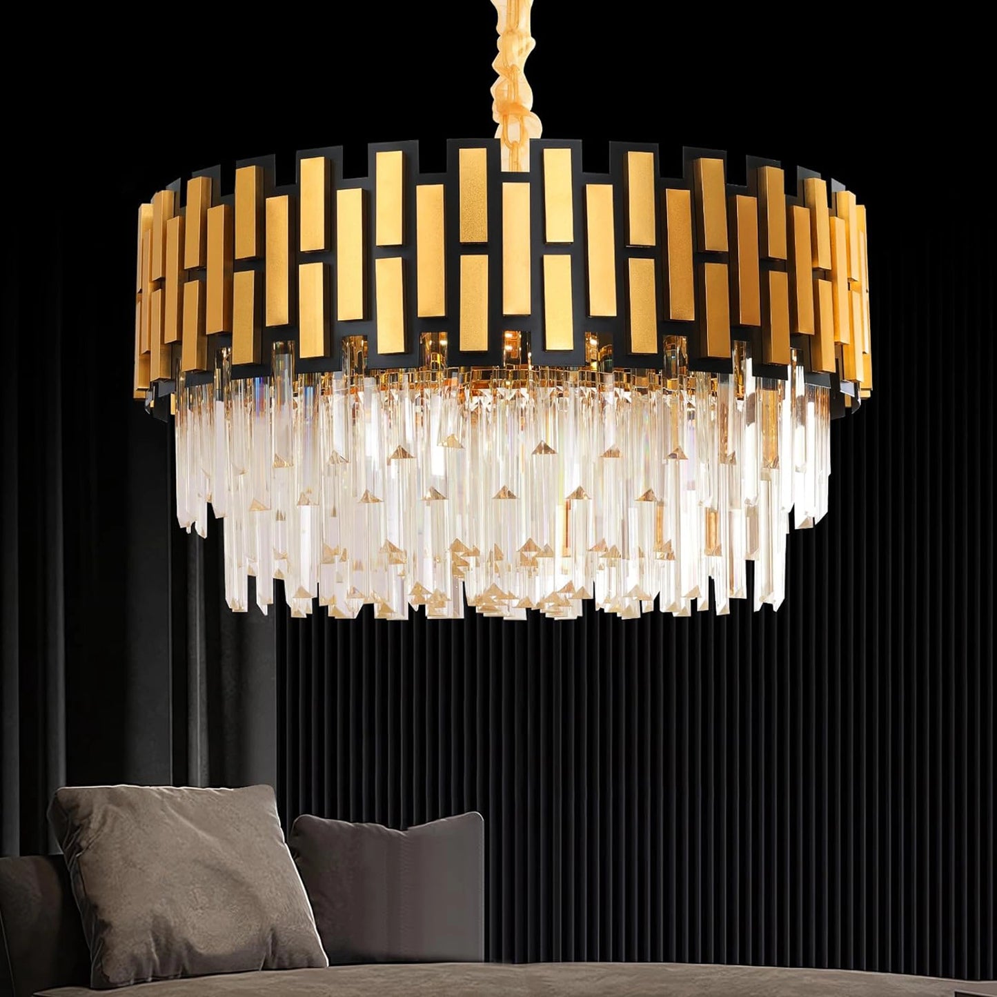 Modern Round Gold Crystal Chandelier - 60cm Contemporary Luxury Pendant Light (60x39cm)