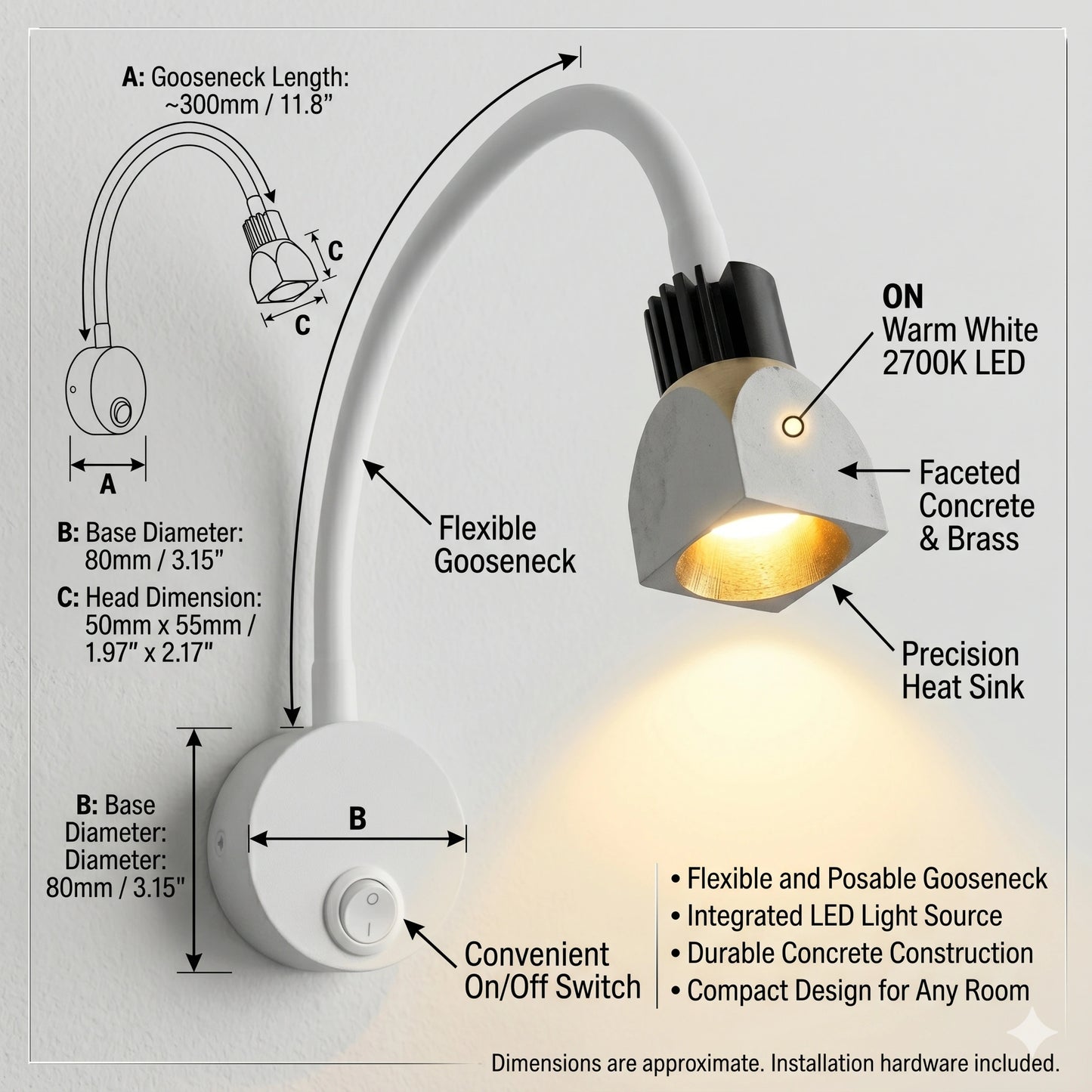 Elsewedy 3W LED Flexible Gooseneck Bedside Reading Light - 3000K Warm White Wall Mounted Study Lamp with Switch (60-01C)
