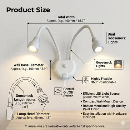 Elsewedy Dual 3W LED Flexible Gooseneck Reading Light - 3000K Warm White Double Wall Lamp with Switches (64-25C)