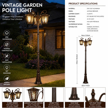 Elsewedy 3-Head Outdoor Garden Post Light - Triple Lantern Surface-Mount Pole Lighting for Pathway & Patio (Fits 3 x E27 Bulbs)