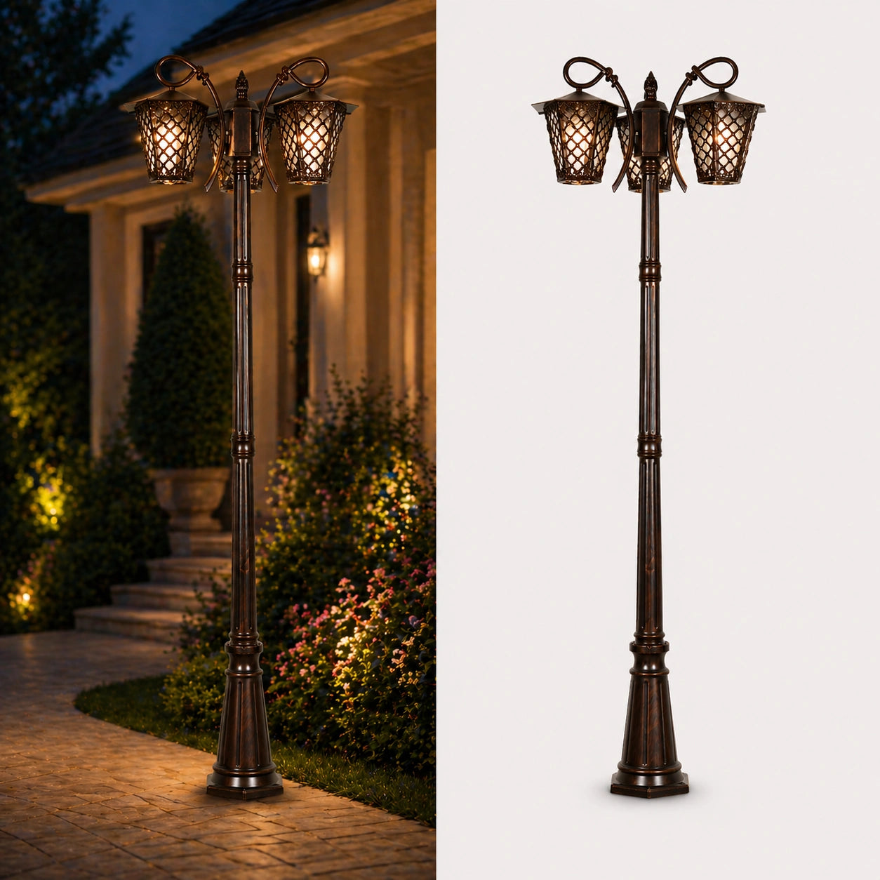 Elsewedy 3-Head Outdoor Garden Post Light - Triple Lantern Surface-Mount Pole Lighting for Pathway & Patio (Fits 3 x E27 Bulbs)