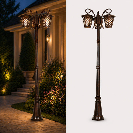 Elsewedy 3-Head Outdoor Garden Post Light - Triple Lantern Surface-Mount Pole Lighting for Pathway & Patio (Fits 3 x E27 Bulbs)