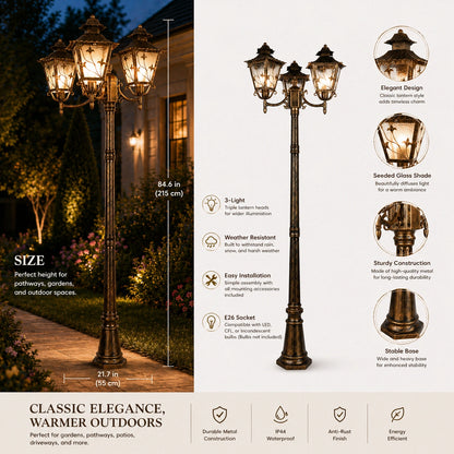 Elsewedy 2.2m Classic Gold 3-Head Outdoor Lamp Post - Triple Lantern Street Light for Driveway & Estate (3 x E27 Base)