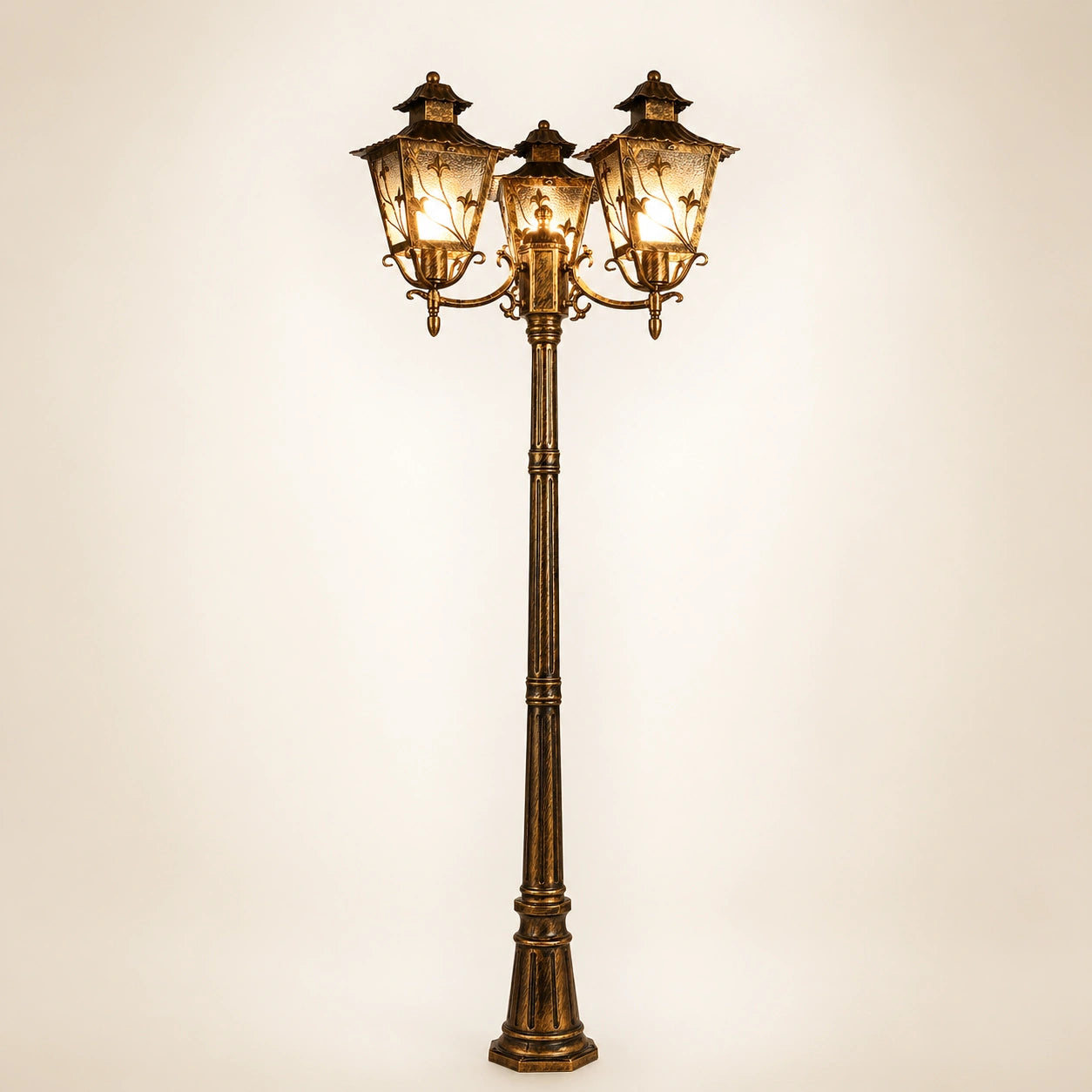 Elsewedy 2.2m Classic Gold 3-Head Outdoor Lamp Post - Triple Lantern Street Light for Driveway & Estate (3 x E27 Base)