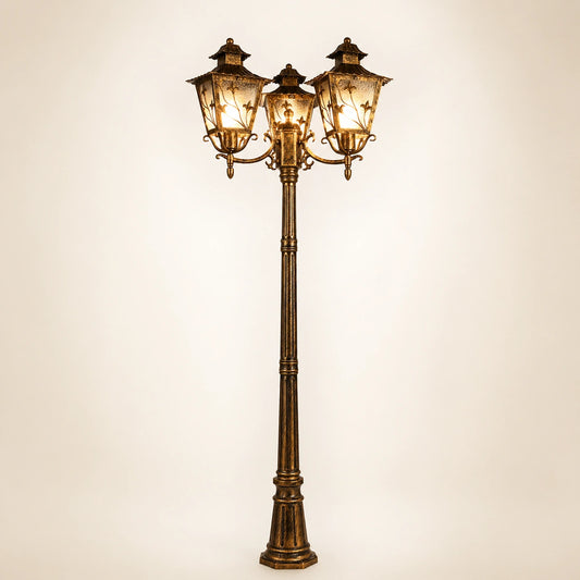 Elsewedy 2.2m Classic Gold 3-Head Outdoor Lamp Post - Triple Lantern Street Light for Driveway & Estate (3 x E27 Base)