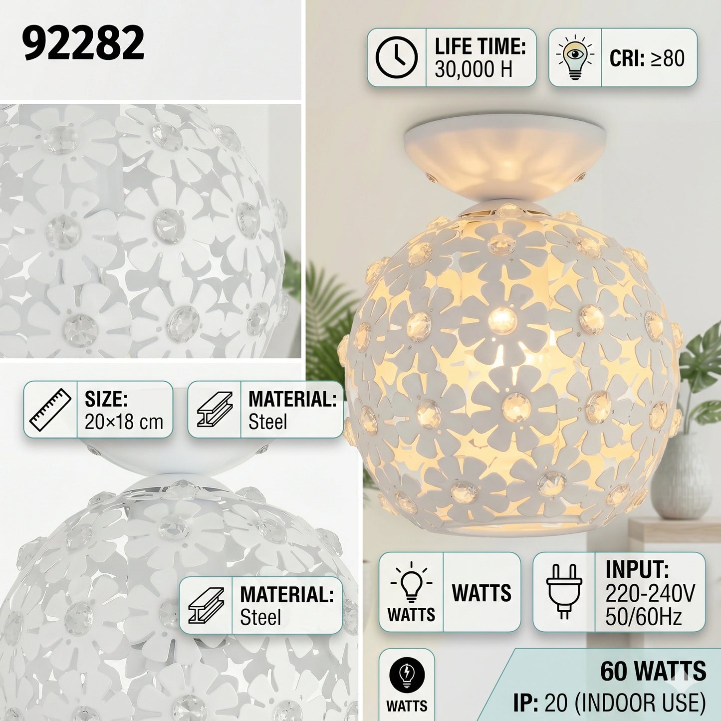 Eglo Hanifa Crystal Ceiling Light - 20cm Modern White Flush Mount (92282)